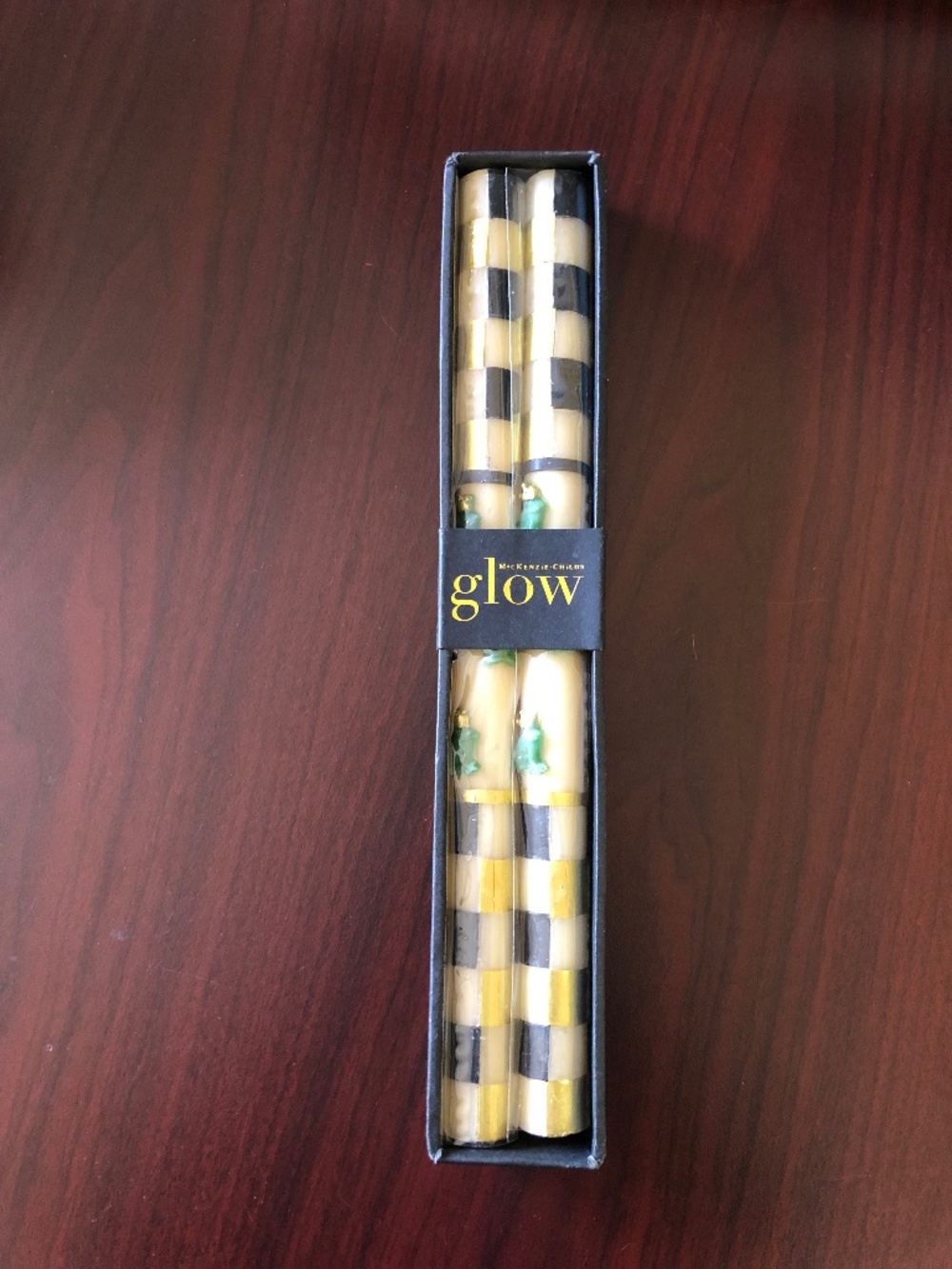 MacKenzie-Childs Glow frog prince 12" candles beeswax blend black gold checks
